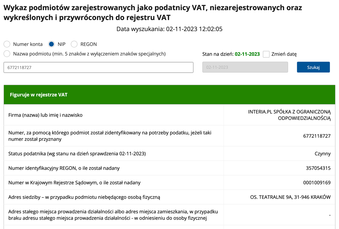 strefa.pl znajduje się na białej liście podatników VAT prowadzonej przez Ministerstwo Finansów.